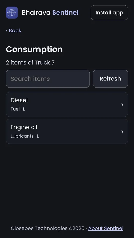 Consumption screen: the vehicle's stock items such as diesel and engine oil