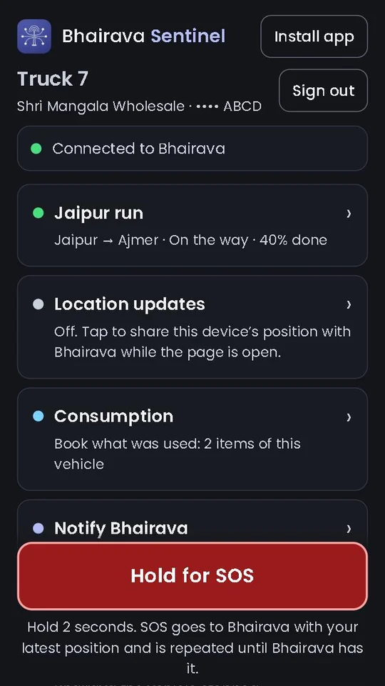 Sentinel home screen: the vehicle, Connected to Bhairava, the current trip, location, consumption, notify, breakdown and a red Hold for SOS button