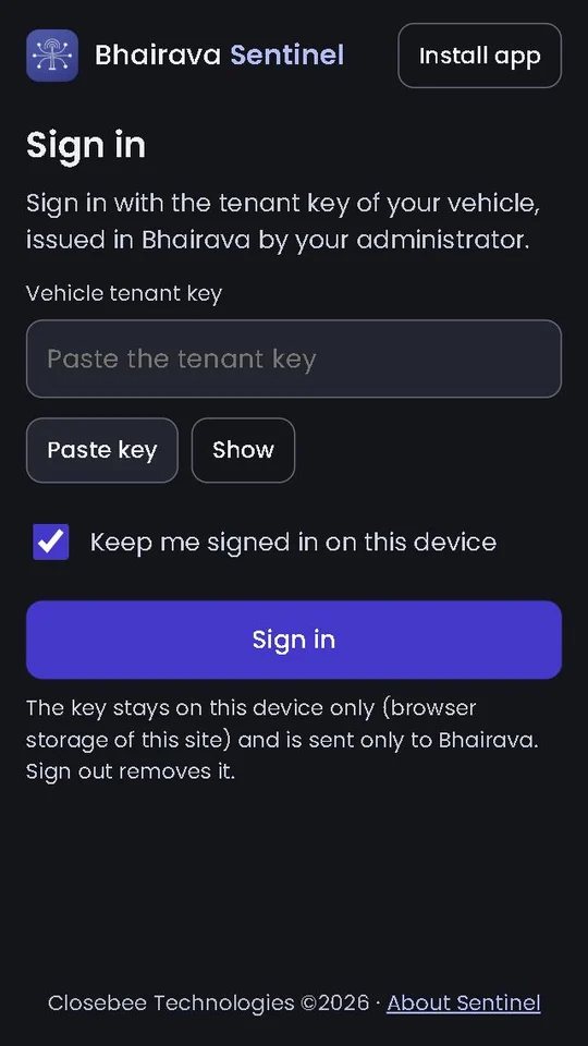 Sign-in screen: paste the vehicle tenant key, keep me signed in, Sign in
