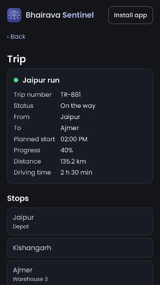 Trip screen: trip number, status, from and to, planned start, progress, stops and load